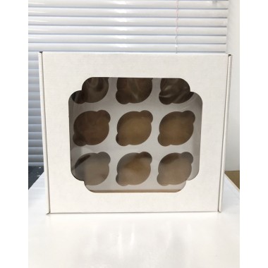 Коробка  на 9 капкейка 250*285*100 мм белая с окном (гофрокартон)