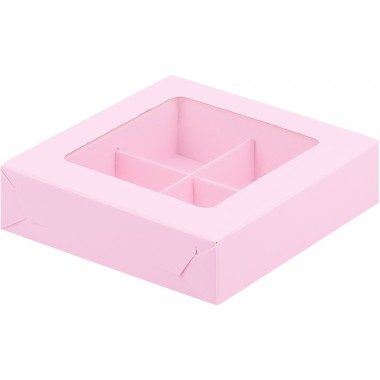 Коробка для 4 конфет 120*120*30 с вклеенным окном Розовая, 10 шт