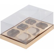 Коробка под 6 капкейков ПРЕМИУМ с ПОЛНОСТЬЮ пластиковой крышкой, 235*160*100 мм, золото/золото.