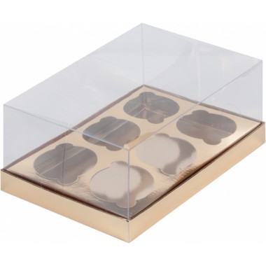 Коробка под 6 капкейков ПРЕМИУМ с ПОЛНОСТЬЮ пластиковой крышкой, 235*160*100 мм, золото/золото.
