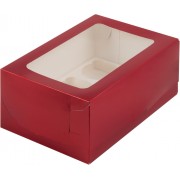 Коробка красная 235*160*100 мм под 6 капкейка с Круглым окошком (тонкий картон)