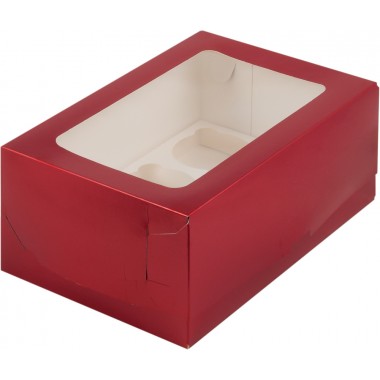 Коробка красная 235*160*100 мм под 6 капкейка с Круглым окошком (тонкий картон)