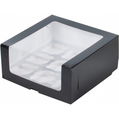 Коробка под 9 капкейков с увеличенным окошком, 235*235*110 мм., Серебряная 