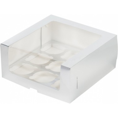Коробка под 9 капкейков с увеличенным окошком, 235*235*110 мм., Серебряная 