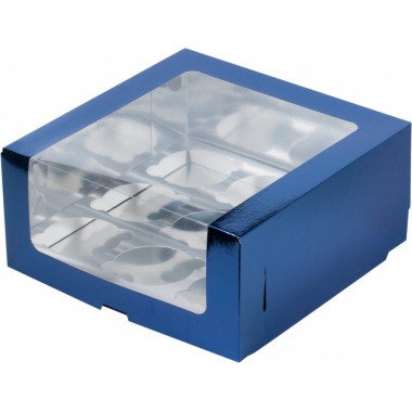 Коробка под 9 капкейков с увеличенным окошком, 235*235*110 мм., Серебряная 