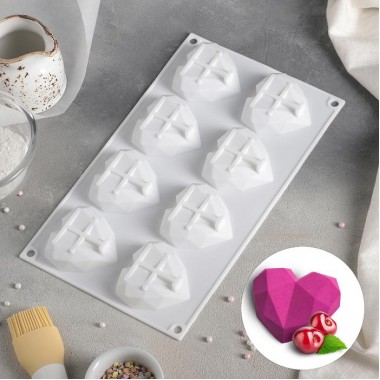 Форма для муссовых десертов и выпечки «Сердце. Геометрия», 29×17 см, 8 ячеек, цвет белый Форма для муссовых десертов и выпечки «Сердце. Геометрия», 29×17 см, 8 ячеек, цвет белый