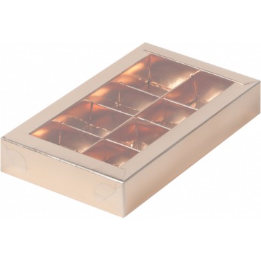 Коробка 190*110*30 мм для 8 конфет ЗОЛОТАЯ с пластиковой крышкой.