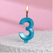 Свеча в торт "Грань", цифра "3", голубой металлик, 1 шт.
