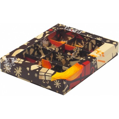 Коробка для 9 конфет 155*155*30 мм "Ёлка чёрная/золото" с вклеенным окном.